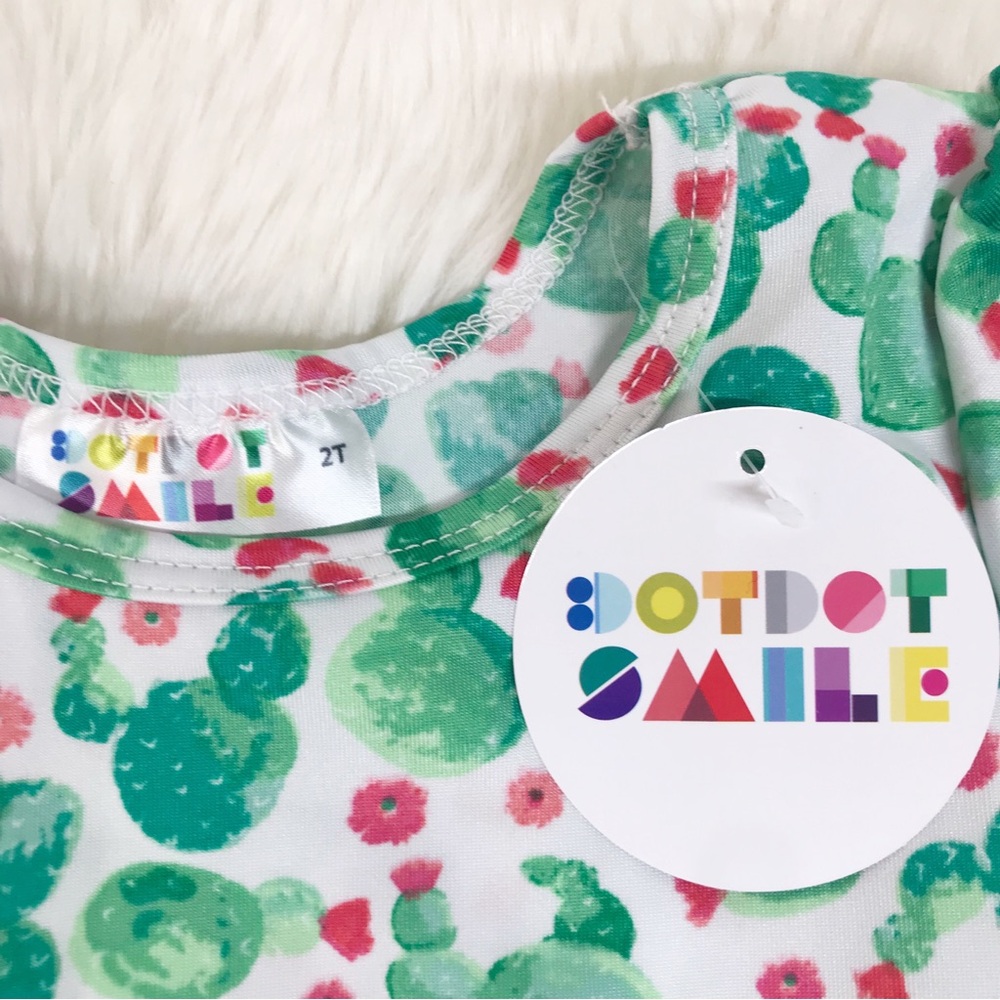 DOT DOT SMILE Toddler Girl Cactus Print Cap Sleeve Dress Size 2T Green White New - Picture 2 of 5